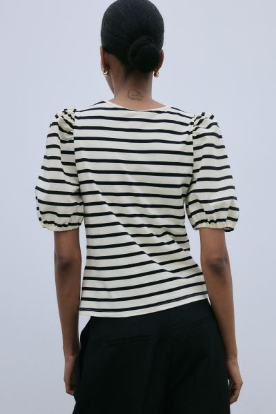 Puff-sleeved Top - Light beige/striped - Ladies | H&M US | H&M (US + CA)