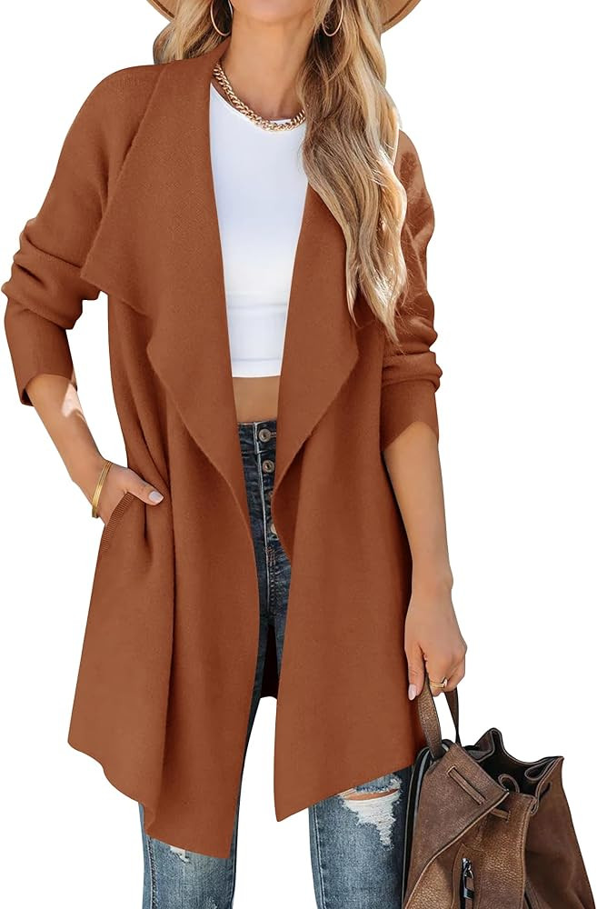 ZESICA Women's 2023 Casual Lapel Cardigan Long Sleeve Open Front Irregular Hem Soft Knitted Sweat... | Amazon (US)