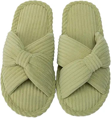 Enteer Women's Corduroy Bow Memory Foam Slippers, Open Toe Cross Band Non-Slip Indoor Outdoor Hou... | Amazon (US)