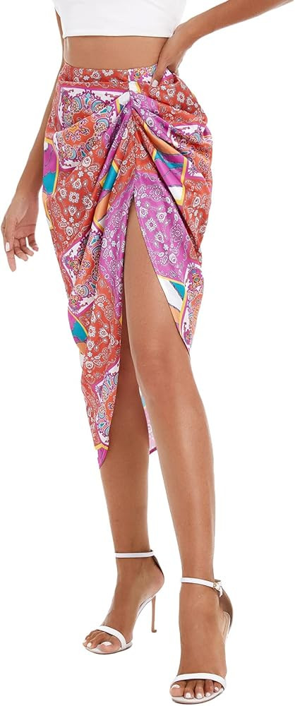 Floerns Women's Boho Floral Print Split Thigh Satin Ruched Midi Skirt | Amazon (US)