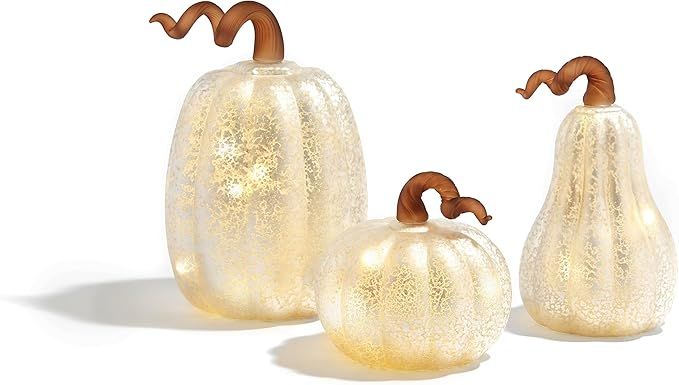 LampLust White Glass Pumpkin with Lights - Set of 3, Mercury Glass Style, Batteries Included, Tha... | Amazon (US)