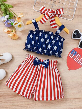 Baby Star Print Cami Top & Striped Paperbag Waist Shorts & Headband | SHEIN