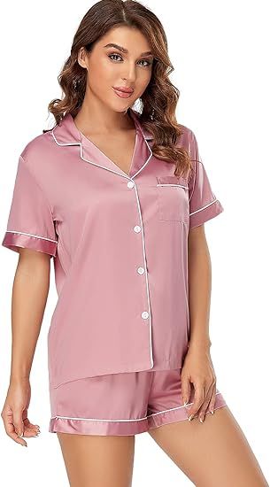 Serenedelicacy Women's Satin Pajama Set 2-Piece Sleepwear Loungewear Button Down Short Sleeve PJ ... | Amazon (US)