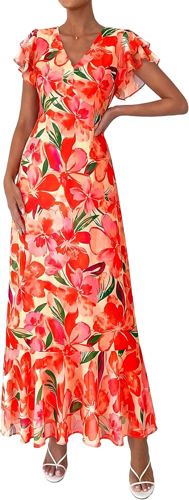 PRETTYGARDEN Wedding Guest Dresses for Women 2026 Spring Summer Short Sleeve Ruffle V Neck Floral... | Amazon (US)