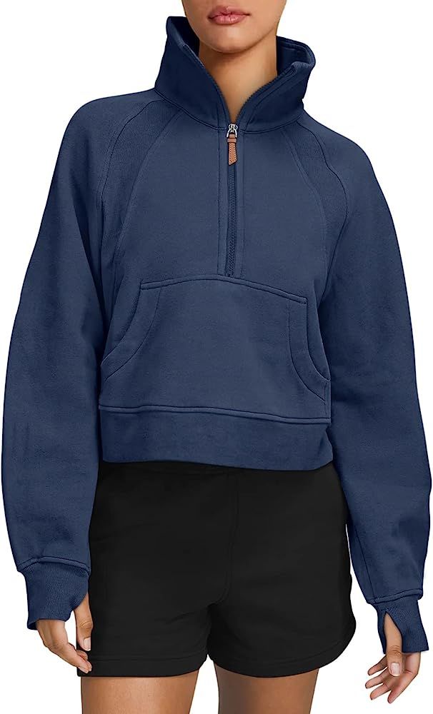 LASLULU Womens Sweatshirts Fleece Lined 1/2 Zipper Collar Pullover Sweatshirts Long Sleeve Crop Tops | Amazon (US)