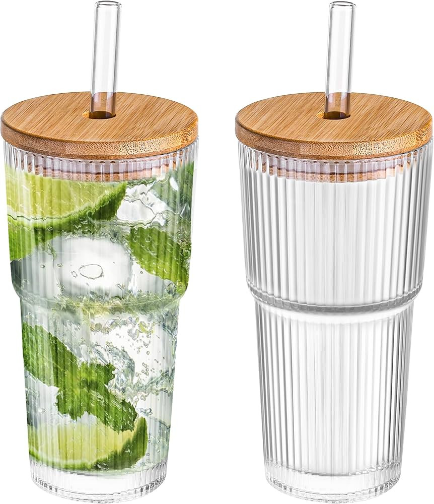 20 oz Ribbed Glass Tumblers with Bamboo Lids and Straws, 2 Pcs Wide Mouth Thickened Vintage Glass... | Amazon (US)