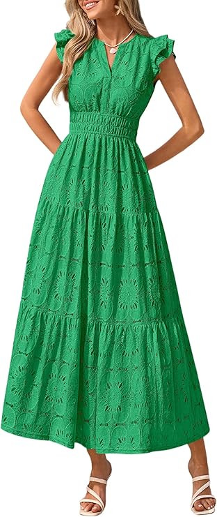PRETTYGARDEN Womens Boho Maxi Dresses 2026 Summer Floral Lace Eyelet V Neck Spring Wedding Guest ... | Amazon (US)