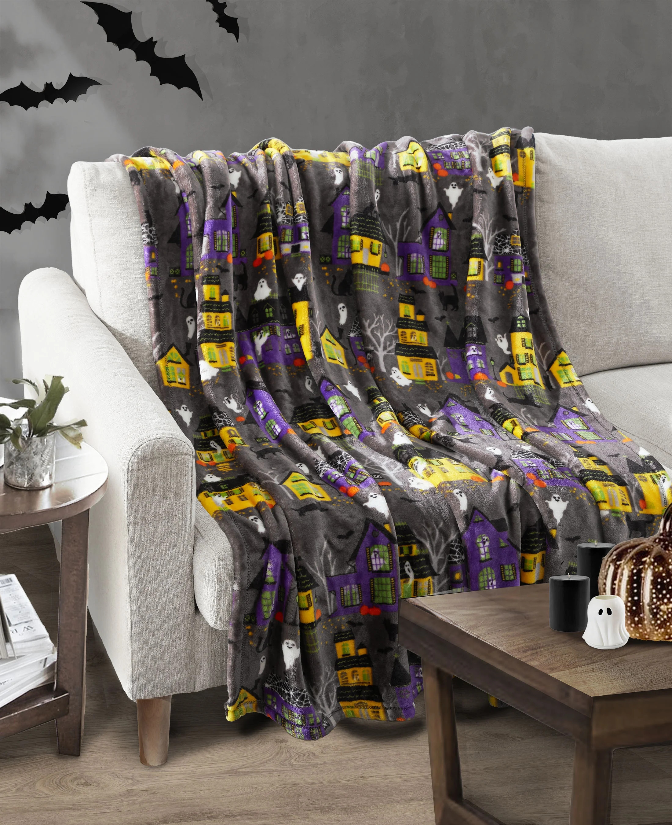 Way To Celebrate, Halloween Houses Throw Blanket, Gray, Standard Throw | Walmart (US)