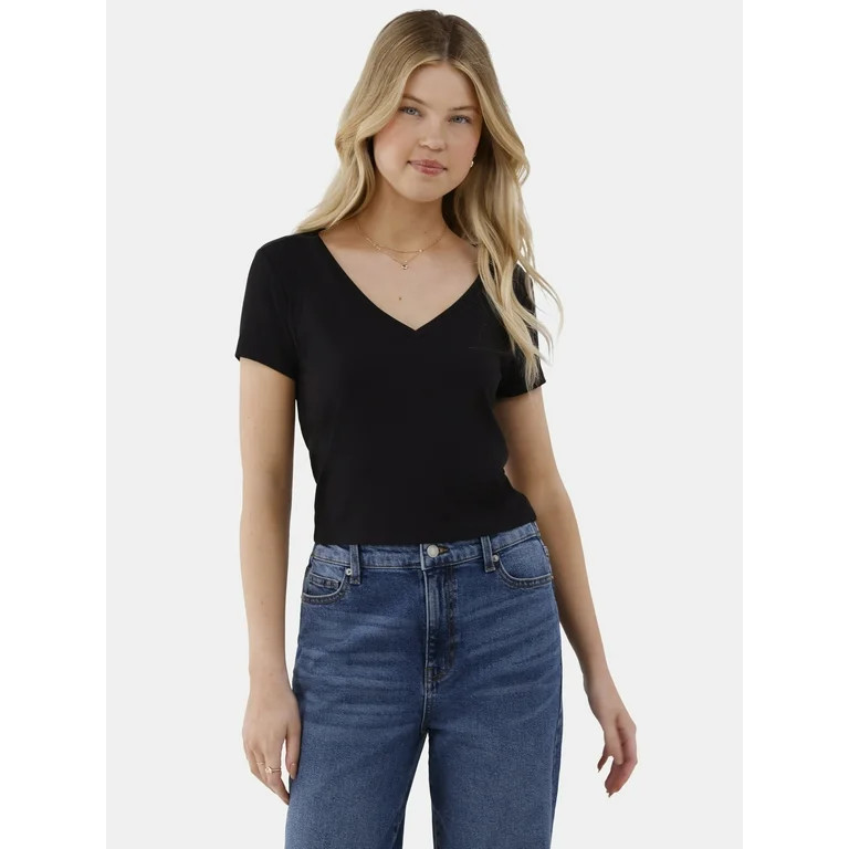 No Boundaries Cropped V-Neck Tee with Short Sleeves, Women’s | Walmart (US)