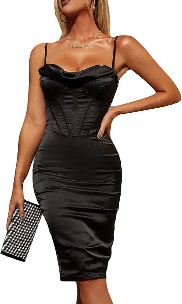 Women's Satin Cowl Neck Spaghetti Strap Corset Dress Push Up Fishboed Prom Silk Midi Party Bustier D | Amazon (US)