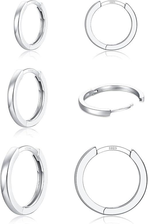 3 Pairs 925 Sterling Silver Hoop Earrings 14K White Gold Plated Small Silver Hoop Earrings for Wo... | Amazon (US)