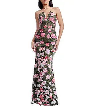 Dress the Population Fernanda V-Neck Strapless Floral Embroidered Mesh Sheath Gown - XL | Dillard's