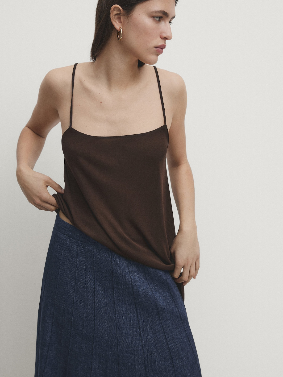 Box pleat denim-effect midi skirt | Massimo Dutti US