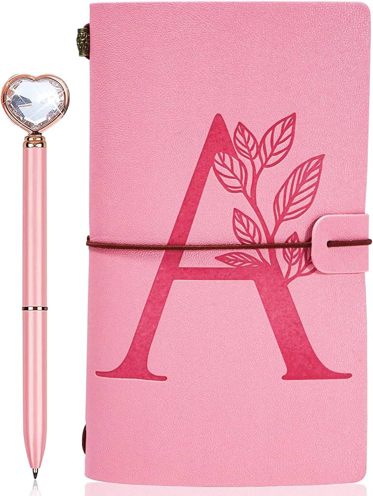 Personalized Journal Gift-Pink Initial Leather Journal+Heart Diamond Pen Set,Travel Notebook Diar... | Amazon (US)