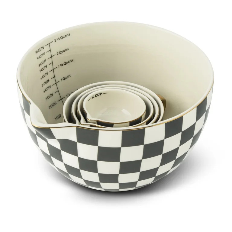 Thyme & Table 5-Piece Ceramic Mixing Bowl and Measuring Set - Black Checkered | Walmart (US)