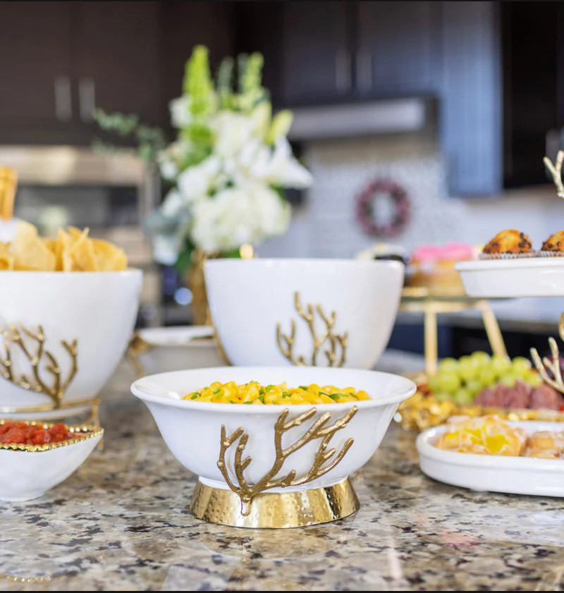 White Ceramic Bowl with Gold Textured Details & Gold Base " From Pops Of Color Home Collection" | Inspire Me! Home Decor