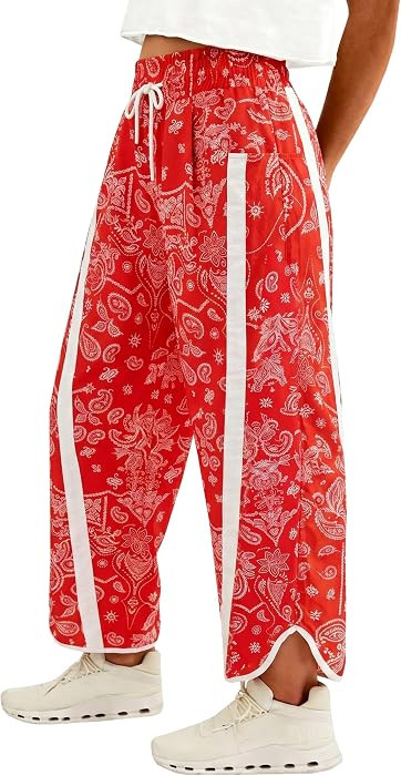 Fisoew Women's Baggy Wide Leg Pants Casual Elastic High Waisted Drawstring Printed Workout Sweatp... | Amazon (US)