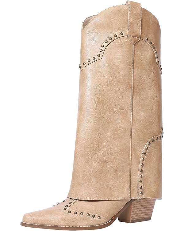 Women Shark Boots Fold Over Mid Calf Chunky Heel Snip Toe Cowboy Cowgirl Pull On Studded Boots fo... | Amazon (US)