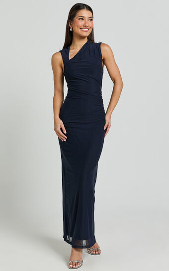 Lara Midi Dress - Asymmetrical Ruched Mesh Dress in Ink | Showpo (US, UK & Europe)