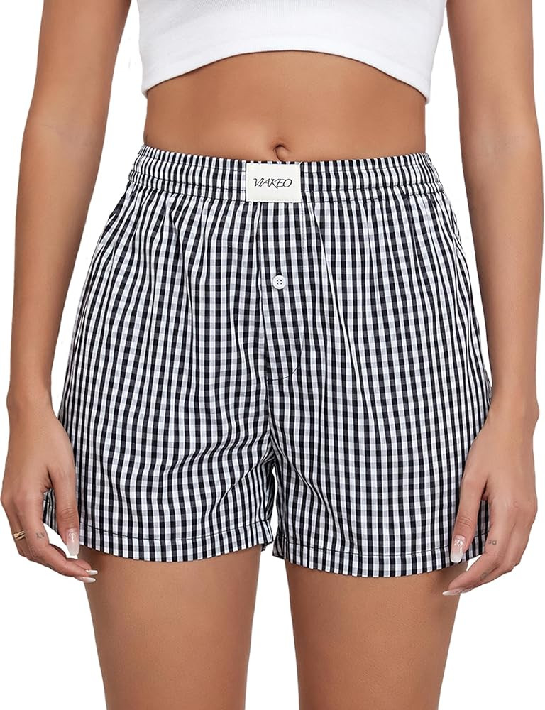 Womens Pajama Bottoms Cotton Plaid Boxer Shorts Y2K Summer Beach Lounge Shorts With Pockets | Amazon (US)