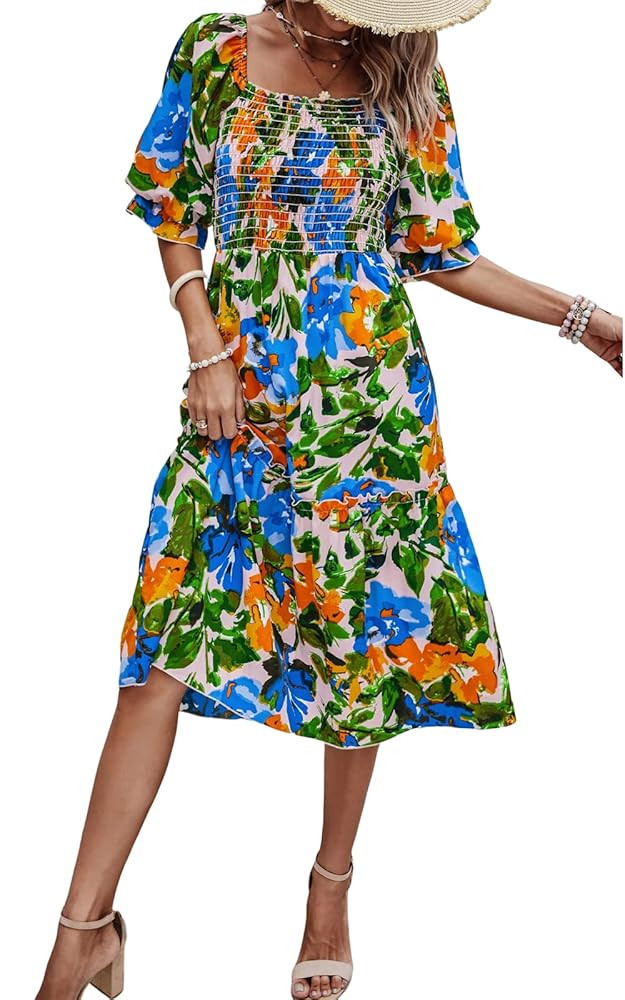 PRETTYGARDEN Women's Summer Casual Dresses 2025 Spring Puff Sleeve Square Neck A-line Flowy Boho ... | Amazon (US)