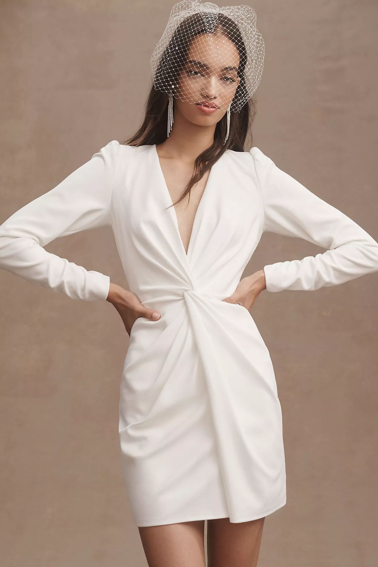 Tadashi Shoji Sabine Plunge V-Neck Twist-Front Long-Sleeve Mini Dress | Anthropologie (US)