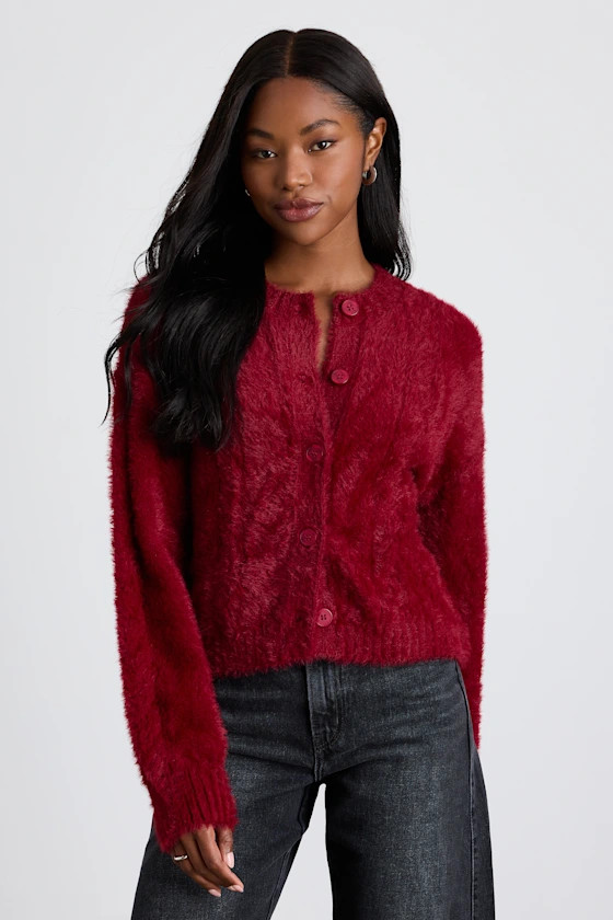Ashby Berry Red Braided Eyelash Knit Cardigan Sweater | Lulus