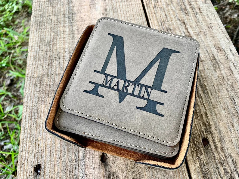 Personalized Engraved Leather Coasters Set of 6, Custom Coaster Set, Coaster Set with Holder, Per... | Etsy (US)