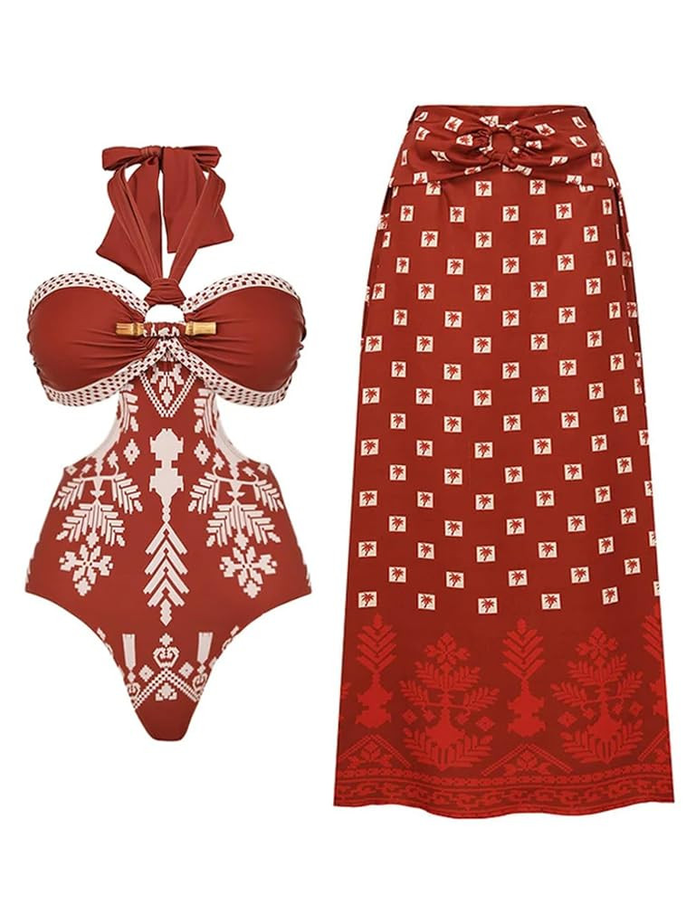 FLAXMAKER Retro Halter O Ring Decoration Printed Cut Out Ethnic Style One Piece Swimsuit and Skir... | Amazon (US)