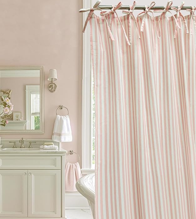 Pink Striped Shower Curtain Hookless Cotton Blend Washable for Bathrooms Bedrooms Classrooms Offi... | Amazon (US)