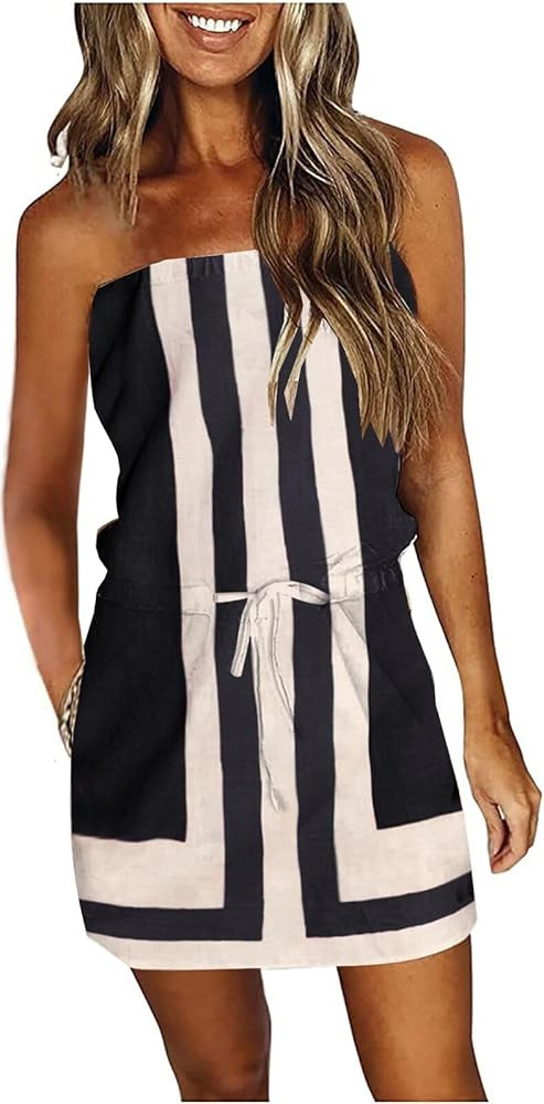 Summer Dress for Women Strapless Beach Cover Ups Boho Sundress Mini Dress Drawstring Waist with P... | Amazon (US)