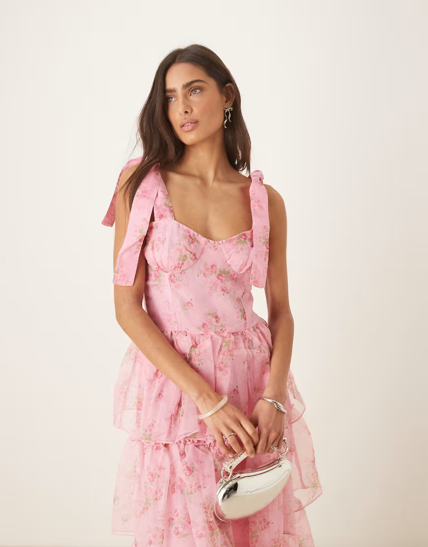 Amy Jane London Florence tie shoulder tiered maxi dress in pink floral | ASOS (Global)