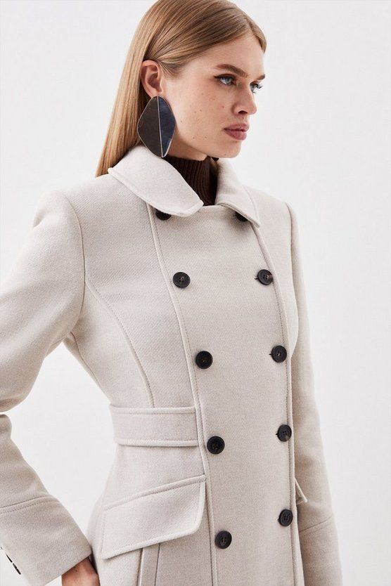 Italian Manteco Wool Blend Double Breasted Tab Detail Coat | Karen Millen UK + IE + DE + NL