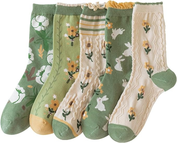 MarJunSep Cute Floral Crew Socks for Women Teen Girls Flower Cottagecore Frilly Vintage Fancy Cot... | Amazon (US)