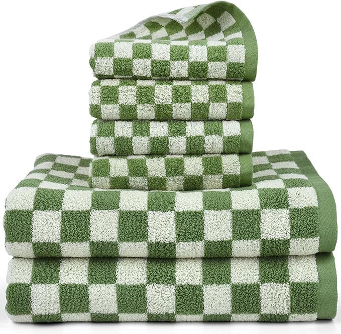 Jacquotha Luxury Towels Set Green Checkered, 6-Piece Cotton Towels for Bathroom Kitchen (2 Bath T... | Amazon (US)