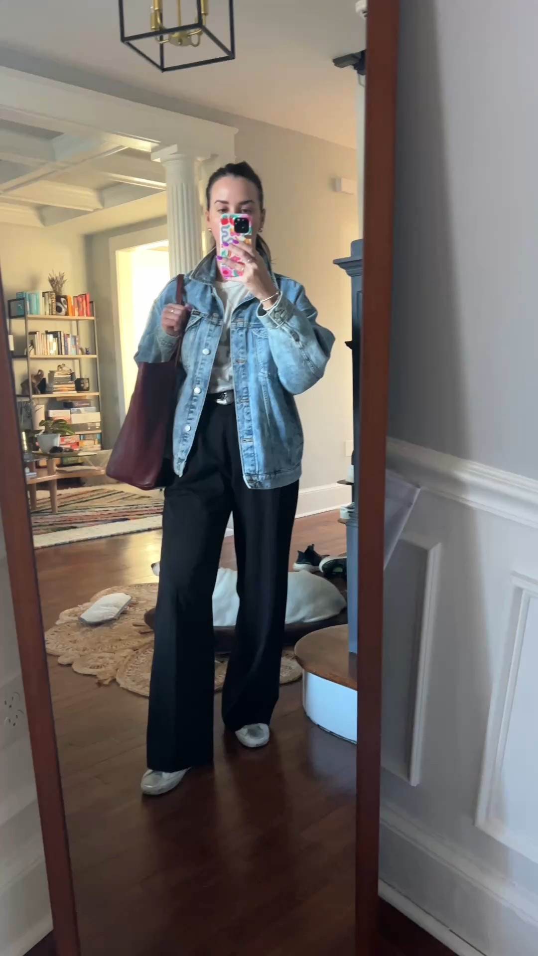 Casual work outfit. Oversized jean jacket. Spring outfit. Jean jacket. Denim jacket. Wrangler. Favorite daughter. Trousers. Casual trousers. Work from home. Cuyana. 

 

#LTKWatchNow #LTKFindsUnder100 #LTKStyleTip