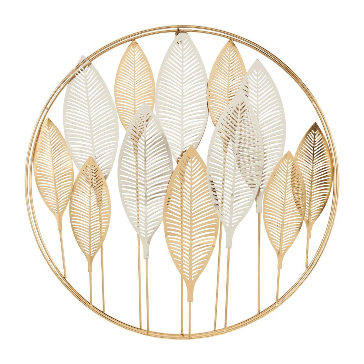 26"x26" Metal Leaf Metallic Wall Decor with Circular Frame and Silver Accents Gold - Olivia & May | Target