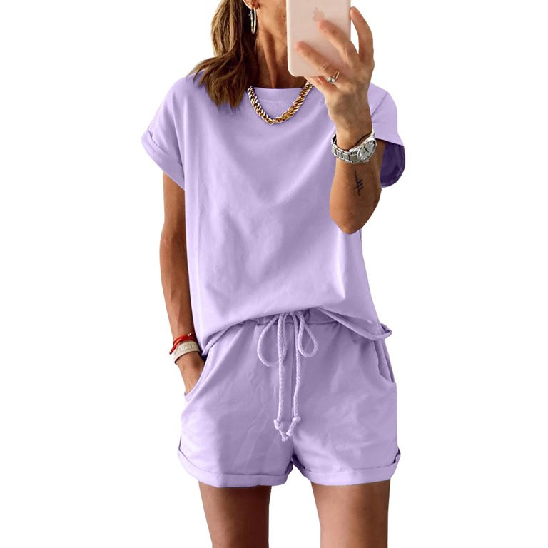 Langwyqu Solid Color Women Casual 2 Pieces Sets Tops & Shorts Suit | Walmart (US)