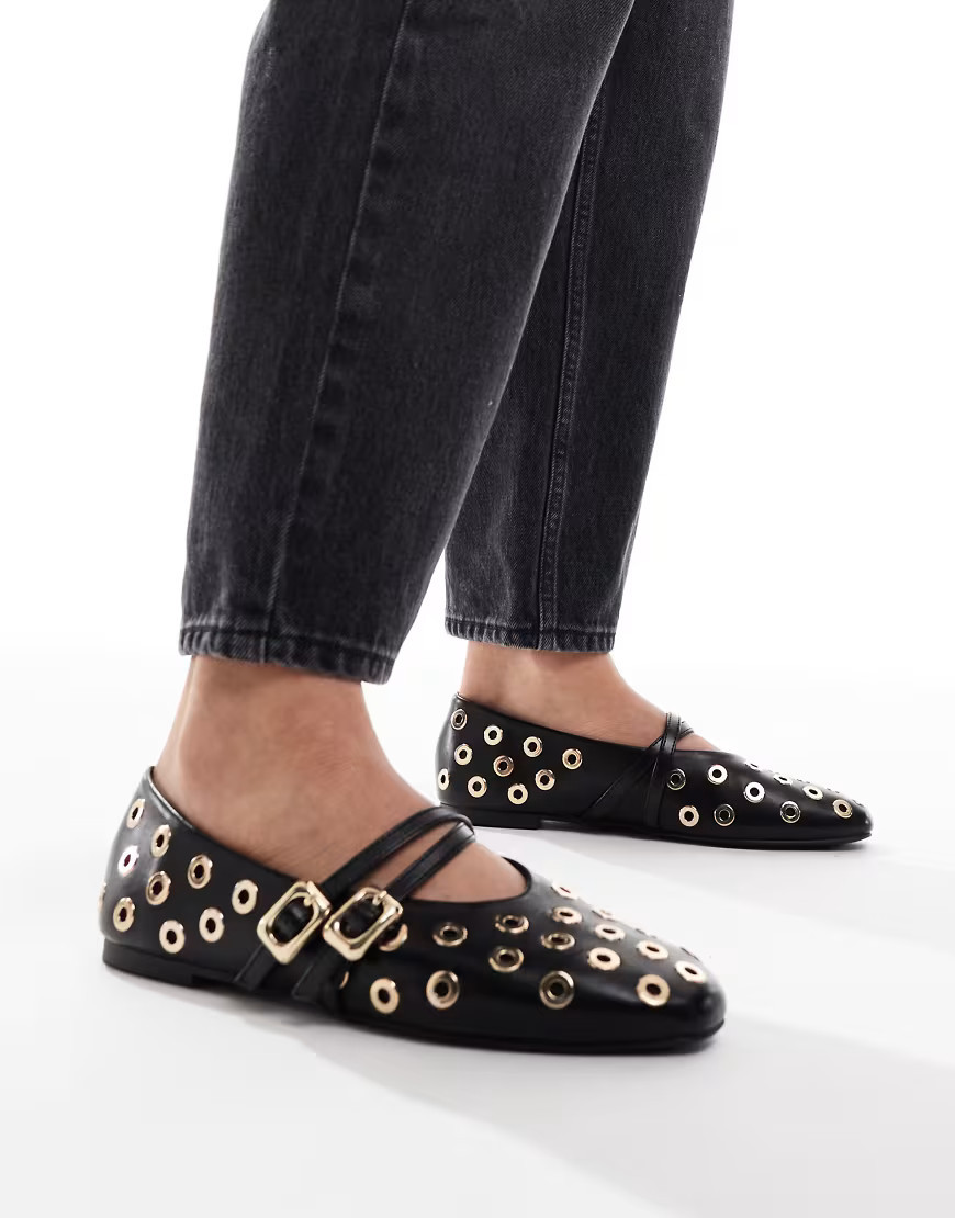 ASOS DESIGN Landon double strap mary jane ballet flats in black with studs | ASOS (Global)