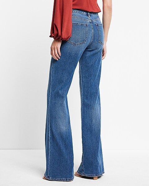 Mid Rise Medium Wash Front Seamed 70s Flare Jeans | Express