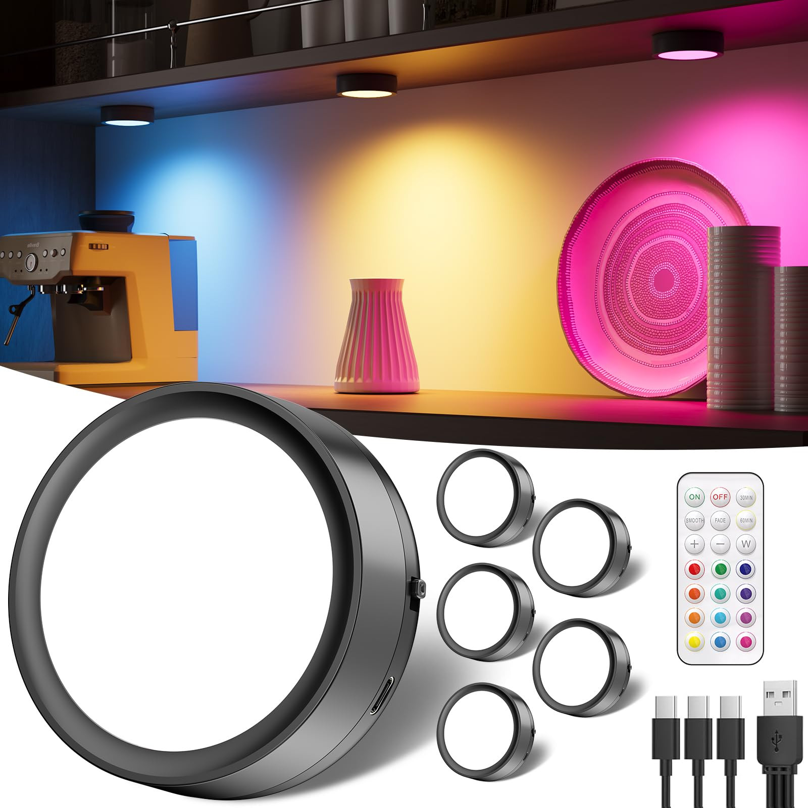 USB Rechargeable RGB Puck Lights with Remote, 2400mAh Color Changing Battery Powered Tap Light Cl... | Amazon (US)