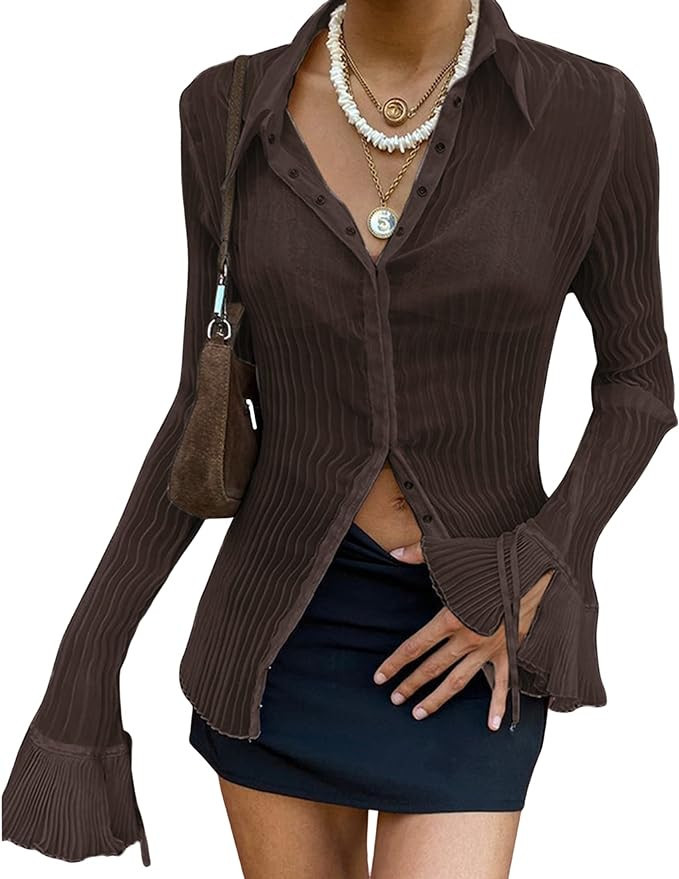 Omoone Women's Sexy Y2K See Through Shirts Button Flare Sleeve Blouse Slim Cardigan Tops | Amazon (US)