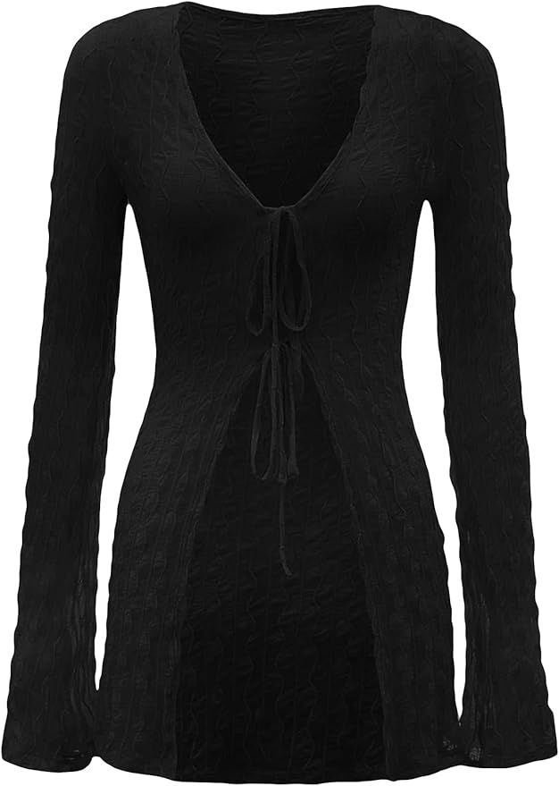 Verdusa Women's 90s Top Bell Long Sleeve Tie Front Textured Sheer T-Shirt Cardigan | Amazon (US)