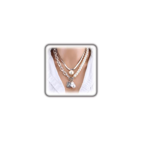 Chunky Gold Layered Choker Necklaces for Women,Vintage Silver Baroque Pearl Pendant Necklaces Set Herringbone Chain Collar Necklaces Jewelry Gifts (Silver) | Amazon (US)