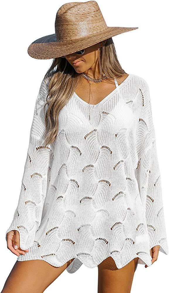 CUPSHE Women Casual Cut Out Swim Cover Up Drop Shoulder Long Sleeve V-Neck Cover-Ups | Amazon (US)