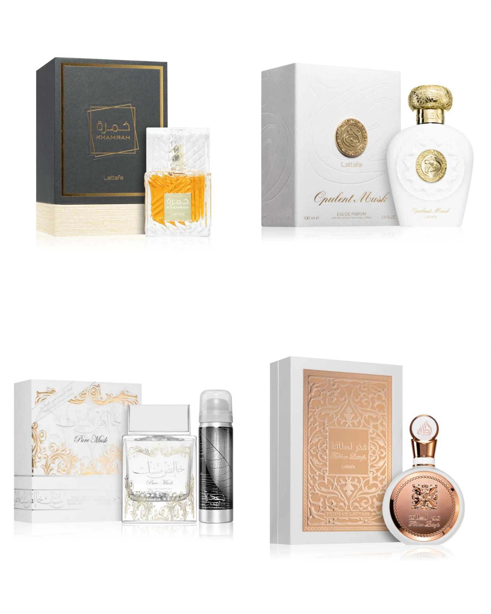 4 Lattafa Fragrances I tried recently
Fakhar: Parfum floral
Khamrah: Parfum épicé gourmand
Pure Musk: Parfum musqué
Opulent Musk: Parfum boisé