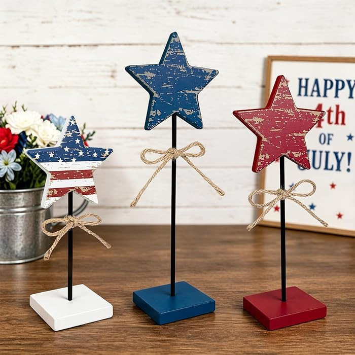 4th of July Indoor Home Decorations 3 PCS, Fourth of July Patriotic Americana Wooden Star Decor f... | Amazon (US)