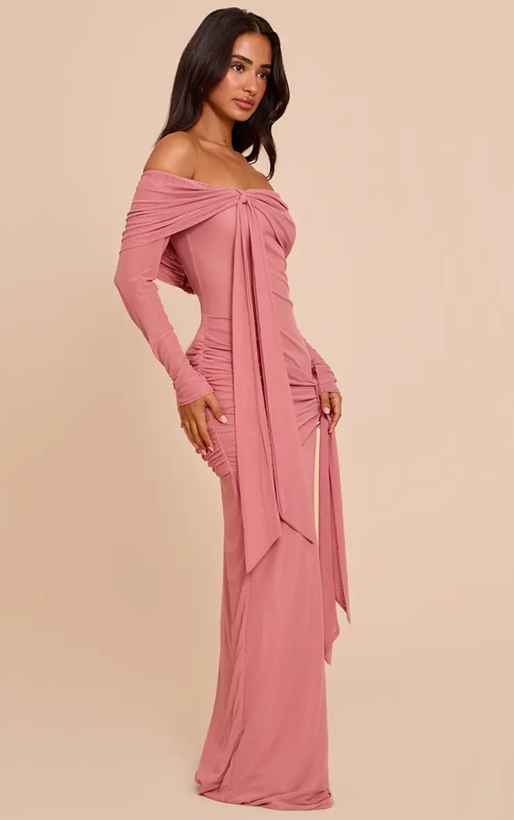 Petite Deep Pink Asymmetric Long Sleeve Bardot Maxi Dress | PrettyLittleThing US