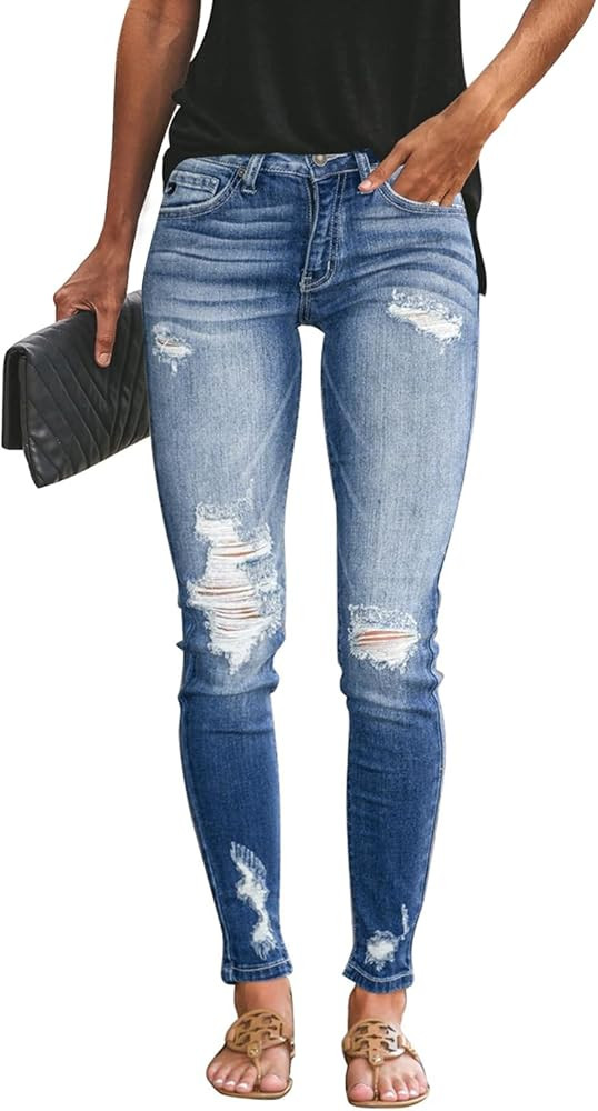 KUNMI Women's Ripped Skinny Jeans Distressed Stretchy Denim Pants | Amazon (US)