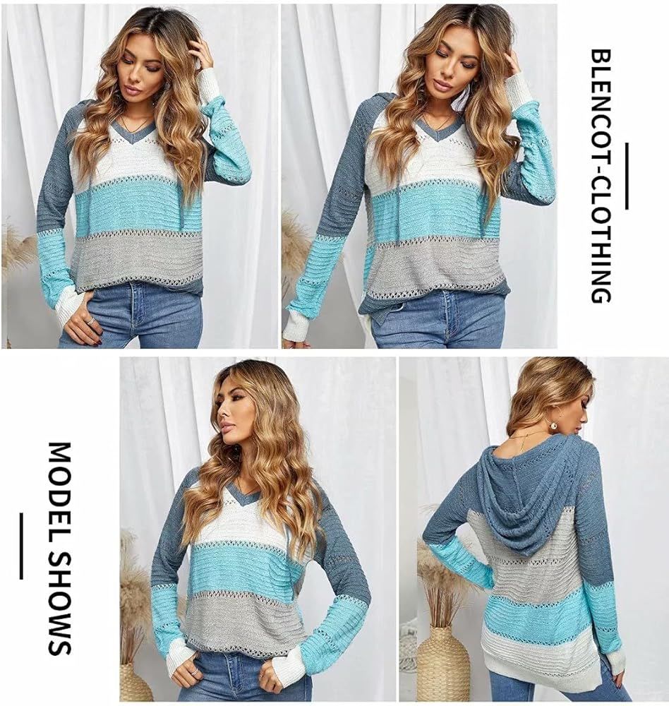 BLENCOT Women's Lightweight Color Block Hooded Sweaters Drawstring Hoodies Pullover Sweatshirts | Amazon (US)